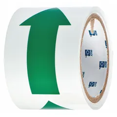 Green glow-in-the-dark arrow tape with polyester backing, 8 mil thickness, 3 in width by 5 yd length. Part of the B-324 series with no legend. Used for marking pathways and exits in low-light conditions to aid emergency egress.