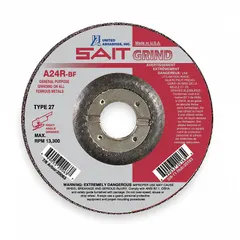 General purpose grinding wheel for carbon and stainless steel. Aluminum oxide construction with 24 grit for heavy stock removal, weld grinding, and edge chamfering. Type 27 depressed center design. Dimensions: 4-1/2" diameter, 1/4" thickness, 7/8" arbor hole. Series A24R.