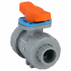 This manual two-way ball valve features a 3/4 in CPVC straight body and a locking tee handle. Rated for 250 psi CWP, it is suited for on/off flow control in industrial piping systems handling corrosive fluids.
