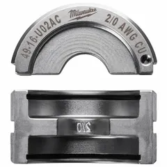 U Style die set for crimping 2/0 AWG electrical wire and cable. Designed as replacement dies for use with MILWAUKEE model 2679-20 crimping tool and 49-16-U000 die holder. Suitable for electrical installations requiring secure wire connections.