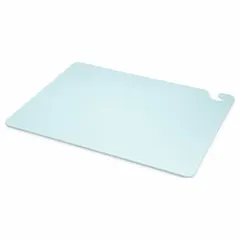 This blue co-polymer cutting board measures 18 inches wide by 24 inches long. NSF certified for food-contact safety, it is suitable for food preparation in commercial kitchens and foodservice operations. The material resists knife scarring and the color supports sanitation protocols.