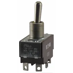 Single-pole single-throw (SPST) toggle switch with a 3-position On/None/Off function. Rated 20 A at 125 V AC and 3/4 hp, with two spade terminal connections. Suitable for panel-mount industrial control circuits requiring a maintained-off center position, such as motor and equipment on/off control.