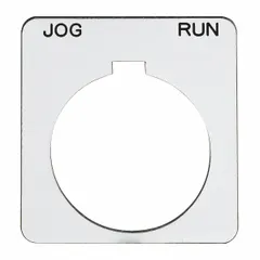 Square non-metallic plastic legend plate for push-button stations. White background with black English text 'Jog Run'. Overall dimensions 1 13/16 in height and width, 30 mm panel mounting size. Used to label control functions in industrial panels.
