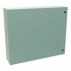 Steel enclosure with solid hinged cover and 1/4-turn latch closure. Rated NEMA 12, 3R, and 4 for protection against dust, rain, and hose-directed water. Suitable for indoor or outdoor use in industrial environments. No knockouts provided.