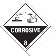 Class 8: Corrosive hazard label for identifying containers holding corrosive materials. Paper construction, 4 in x 4 in size, supplied in a 100-pack. Meets DOT requirements for shipping and storage.