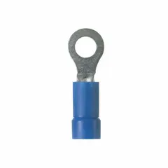 Blue vinyl-insulated ring terminal rated for 600 V with a 1/4 in stud size. Features funnel entry for easier wire insertion. Used for terminating wires to studs in electrical connections.