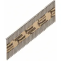 Collated framing nails with 2 in overall length, offset round ring shank, diamond point, and glue coating. Pack of 5,500. Used for framing, sheathing, and truss assembly in construction.