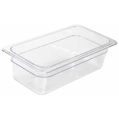 Rectangular steam table pan for holding and serving food in commercial kitchens, cafeterias, and catering operations. NSF Certified for public health standards. Dishwasher safe. Overall length 12 3/4 inches.