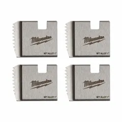This pipe threading die head cuts 1 in NPT right-hand threads on galvanized steel pipe. It includes four alloy steel dies and is designed for use with manual and handheld power threaders in plumbing, HVAC, and industrial piping applications.