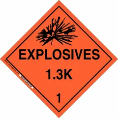 This placard displays the message 'Explosives 1.3 K 1' for identifying containers holding Class 1 explosives. It measures 10 3/4 inches square and is used for hazard communication in transportation and storage settings.