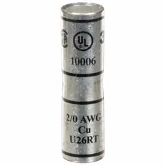 Crimped butt splice compression connector for splicing 2/0 AWG copper wire. Features a copper barrel, black color code, Die Code 45, and 2-inch length. Used in electrical power distribution, panel building, and heavy equipment wiring.