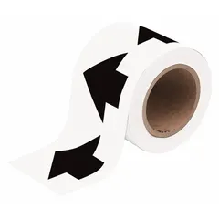 This vinyl pipe marker tape features a white background with black directional arrows to indicate flow direction on piping systems. The tape is 4 inches wide and supplied in a 90-foot roll, suitable for banding around pipes in industrial facilities. It is non-reflective and designed for general pipe marking applications.