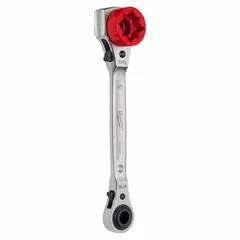 Steel box end wrench with natural finish. Four SAE head sizes: 1 in, 3/4 in, 1 1/8 in, and 9/16 in. Ratcheting mechanism with reversing feature for tightening or loosening fasteners in confined spaces. Suitable for general maintenance, plumbing, and mechanical tasks.