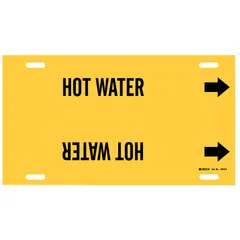 Yellow pipe marker with black 'Hot Water' legend and directional arrows. Strap-on design for pipes with outer diameter 8 to 9-7/8 inches. Used to identify hot water lines in industrial piping systems for maintenance and safety.