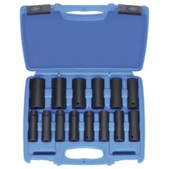 This 14-piece metric impact socket set features a 1/2 in drive and includes sockets from 10 mm to 27 mm. Designed for use with impact wrenches, it is suited for heavy-duty fastening and loosening tasks in automotive repair, industrial maintenance, and assembly.