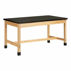 Fixed-height lab table with a ChemGuard laminate countertop in Black with a Wood Oak finish. Overall dimensions: 30 in width, 42 in height, 5 ft length. Suitable for general laboratory work, experiments, and assembly tasks where a stable, chemical-resistant work surface is required.