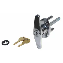 Keyed T-handle for manual operation of garage doors. Requires a key to turn the handle, providing secure access. Suitable for use on residential or light commercial sectional garage doors.