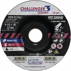 Ceramic grinding wheel for cool-cutting on carbon and stainless steel. Type 29 shape with 36 grit for heavy stock removal and blending. Commonly used in metal fabrication, welding, and maintenance applications.
