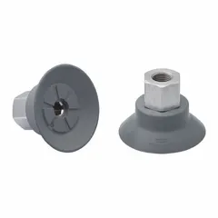 Vacuum pad assembly with 1/8 in NPT connection, 44 mm pad diameter, and 33.2 mm pad height. Made of NBR material with 55 A durometer, gray color. Suitable for handling sensitive components in pick-and-place and assembly automation.