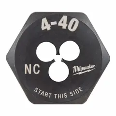 This solid hex rethreading die is used to clean or restore damaged threads on #4-40 UNC fasteners. Constructed from black oxide carbon steel with a 1-inch hex width, it is suitable for maintenance and repair operations in machining and general industrial settings.