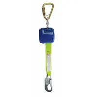 This CONDOR mounted self-retracting lifeline (SRL) features an 8 ft polyester lifeline with a steel carabiner at the anchorage end and a harness steel snap hook. It is ANSI Class A (2014) rated for overhead-only anchoring, suitable for fall arrest applications in industrial and construction settings