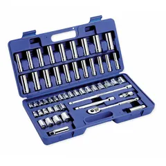 This 53-piece socket set features a 3/8-inch drive and 12-point design, covering SAE sizes from 5/16 to 7/8 inch. Includes drive tools for tightening and loosening fasteners in automotive repair, machinery maintenance, and general assembly tasks.