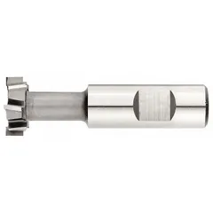 This fast-cutting high-speed steel T-slot milling cutter features a staggered tooth design and is intended for use with a 1" T-slot bolt. It is used to cut T-slots in workpieces for clamping fixtures on milling machine tables in metalworking applications.