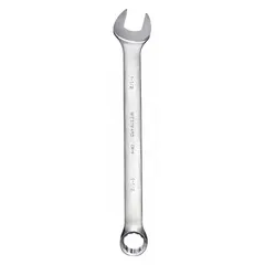 This SAE 12-point combination wrench features a 1-1/2 in head size and 19-1/2 in overall length. The offset design provides improved access to fasteners in confined spaces. Constructed with a satin finish, it is suited for tightening or loosening fasteners in industrial maintenance and assembly tasks.