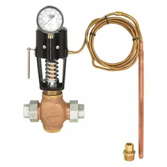 This direct-acting temperature regulator controls steam flow to maintain a set temperature in industrial processes such as heat exchangers, tanks, and pipelines. It operates without external power, using a thermal sensing bulb and capillary to modulate the valve. Features a 2-inch pipe connection and an 8-foot cord length.