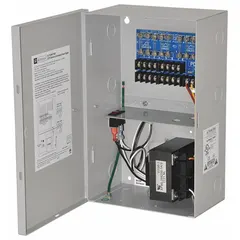 Steel-enclosed power supply board providing 24 VAC at 7 A from a 115 V AC input. Features eight fuses for individual circuit protection. Used for centralized power distribution in access control, security, and automation systems.