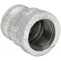 This straight pipe fitting is made of malleable iron and features a 2-inch female thread on one end and a 1-1/2-inch female thread on the other. It is used to connect two pipes of different diameters in medium-pressure threaded piping systems, such as in industrial plumbing, compressed air lines, and process piping