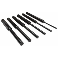 This 6-piece punch set includes flat-tip punches with tip diameters of 3 mm, 4 mm, 5 mm, 6 mm, 7 mm, and 8 mm. Each punch has a 6-inch overall length and is made of steel. Designed for removing drive pins in industrial assembly, maintenance, and repair tasks.