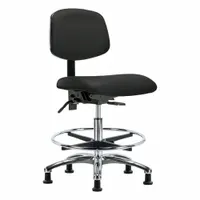 This armless vinyl lab chair features an aluminum base and foot support. Seat width is 18 1/2" and seat depth is 17". Height adjusts from 21 1/2" to 29". Back tilt ranges 10.5° forward to 13.5° backward; seat tilt ranges 8° forward to 3° backward. Not ESD safe. Suitable for laboratory, cleanroom, and industrial workstations where static control is not required