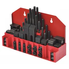 This 52-piece wall-mount clamping kit is designed for use with 7/16 in T-slots and 3/8"-16 studs. It includes (4) 4 in studs and is intended for securing workpieces on machine tables during milling, drilling, and other machining operations.