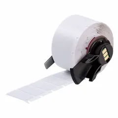 Precut label roll measuring 1 in x 1/2 in, made of metalized polyester with metal-detectable properties in gray. Compatible with M610 printer series. Used for industrial identification and asset tracking in environments requiring metal-detectable labels.