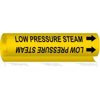 Wrap-around pipe marker for low pressure steam lines. Yellow background with black legend and directional arrows. Fits pipe outer diameters from 2-1/2 to 7-7/8 inches. Single marker supplied