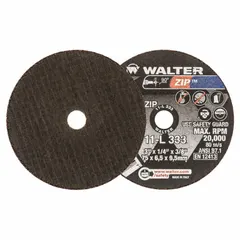 General purpose Type 1 cut-off wheel for carbon and stainless steel. Aluminum oxide abrasive with 24 grit. Dimensions: 3" diameter, 1/8" thickness, 3/8" arbor hole. ZIP series formulation. Used for cutting metal stock, tubing, and sheet in fabrication and maintenance applications.