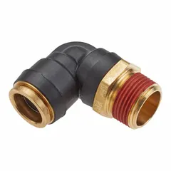 Brass push-to-connect elbow fitting with 1/4 in OD tube connection and 1/4 in male NPT pipe thread. Features Vibra-Seal thread sealant pre-applied for leak-free sealing. Used in pneumatic and air brake systems for connecting tubing to threaded ports in confined spaces.