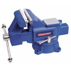 Standard-duty combination vise with covered serrated jaws for clamping flat and round workpieces. Jaw face width 4-1/2 in, maximum jaw opening 4 in. Suitable for holding metal, wood, or plastic during machining, assembly, and repair tasks in maintenance shops and fabrication benches.