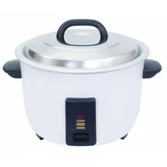 Electric rice cooker with 7.5 qt capacity, suitable for cooking large batches of rice in commercial or institutional kitchens. White/black finish with 10 3/4 in overall height for countertop use. Manufacturer part number RC30.