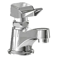 Single-post push-button metering bathroom faucet constructed from cast brass with a polished chrome finish and spray. Includes mounting hardware. Designed for commercial restroom applications where timed water flow helps reduce consumption.
