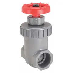 This non-rising stem gate valve is made of CPVC with socket x socket ends, featuring a solid wedge and FKM seat for chemical service. Rated at 200 psi CWP, it is operated by a wheel and suitable for isolating or regulating flow in corrosive fluid systems.