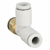 This SMC push-fit tee fitting is used to branch pneumatic tubing in compressed air systems. It connects a 6 mm pipe to two 4 mm OD tubes, providing a compact and secure connection. The fitting is made of polybutylene and brass with a white finish