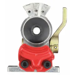 Steel emergency gladhand with straight configuration and integrated shut-off valve. Thread size 3/8"-18. Used in air-brake systems for heavy-duty trucks, trailers, and industrial equipment to provide a quick-disconnect coupling point with flow isolation capability.