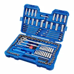 This 128-piece socket set includes 1/2 in drive tools with 12-point, 6-point, and 8-point configurations. Suitable for tightening and loosening fasteners in automotive repair, industrial maintenance, and general mechanical work.