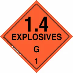 Class 1: Explosives placard, 10 3/4 in x 10 3/4 in, with message '1.4 Explosives G 1'. Used for marking containers holding Class 1.4 explosives, division G compatibility group 1, in compliance with DOT hazardous material identification requirements for transport and storage.