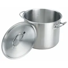 Stainless steel stock pot with a capacity of 16 quarts, featuring a 1.5 mm gauge body and an 11 3/8 in diameter. Includes a lid. Suitable for preparing soups, stocks, sauces, and large batches in commercial and industrial kitchens.