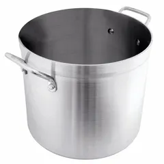 This 24 qt aluminum stock pot has a 4 mm gauge and 13 1/8 in diameter. NSF certified for commercial foodservice. Suitable for large-volume cooking of soups, stocks, and sauces. Lid not included.