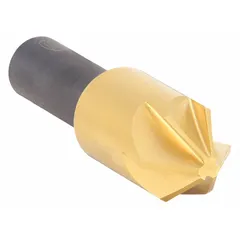 This six-flute countersink is made from TiN coated high speed steel with a 3 in body diameter and 1 in shank. It produces an 82° countersink angle for smooth finishes. Used in machining, fabrication, and assembly operations for deburring and preparing fastener recesses in metal, plastic, or wood.