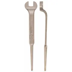 This nonsparking open end spud wrench is constructed from aluminum bronze with a natural finish. It features a 32 mm head size, 1 1/8 in offset, and 11/16 in head thickness. Designed for use in hazardous environments where spark prevention is critical, such as areas with flammable gases or dust.